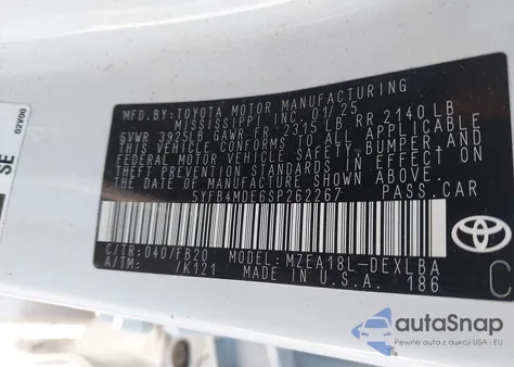 2025 Toyota Corolla Le from USA, damaged, VIN 5YFB4MDE6SP262267